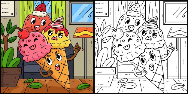 Vecteur illustration de la page de coloriage de la crème glacée triple scoop