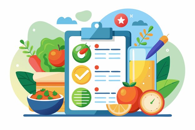 Vecteur l'illustration présente une liste de contrôle de planification des repas entourée de fruits frais, de légumes et d'une boisson rafraîchissante.