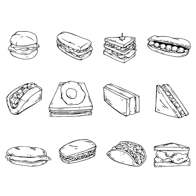 Vecteur illustration de sandwich dessin à la main en noir et blanc