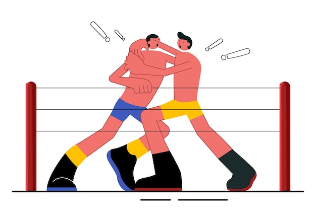 Vecteur illustration vectorielle de deux combattants dans une compétition de boxe ou un match de championnat dans une arène dans un fond de lutte de dessins animés de style plat