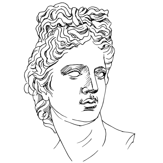 Vecteur illustration vectorielle du portrait d'apollon belvedere dessin au trait noir et blanc de la sculpture antique