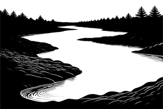 Illustration vectorielle d'une rivière entourée de noir avec un aspect texturé sur fond blanc