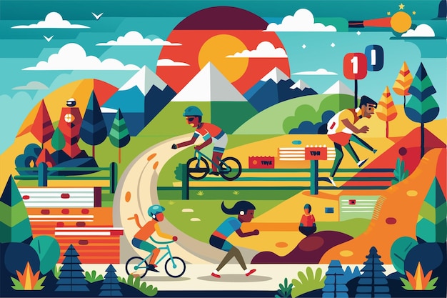 Vecteur une illustration vivante montre des gens qui font du vélo, du jogging et de la marche dans un parc pittoresque avec des montagnes et des arbres.