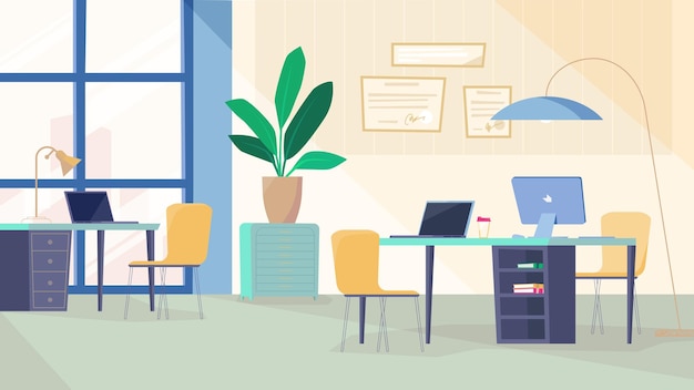 Vecteur intérieur de la salle des programmeurs, bannière en dessin animé plat. bureau à l'intérieur avec lieu de travail, ordinateur et ordinateurs portables sur le bureau, certificats au mur, plante et décor. illustration vectorielle de fond web