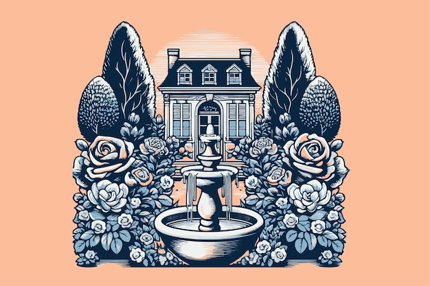 Vecteur un jardin de fleurs et de roses avec une fontaine au milieu