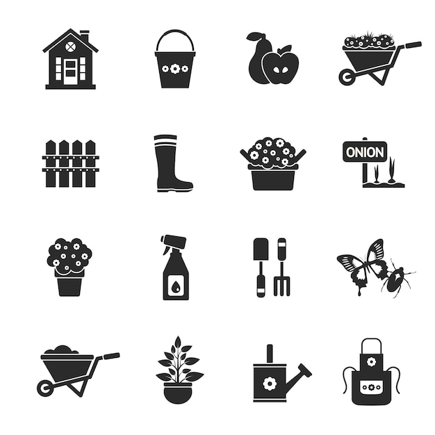 Jardinage noir Icons Set