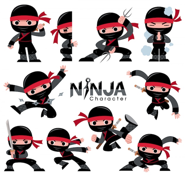 Jeu de caractères de dessin animé Ninja. poses de combat