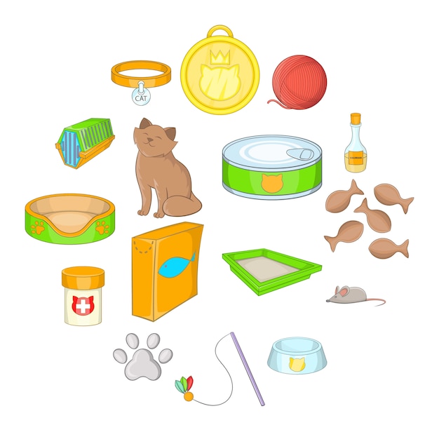 Jeu d'icônes d'accessoires pour chats, style cartoon