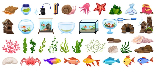 Vecteur jeu d'icônes d'aquarium. ensemble de dessin animé d'icônes d'aquarium pour la conception web