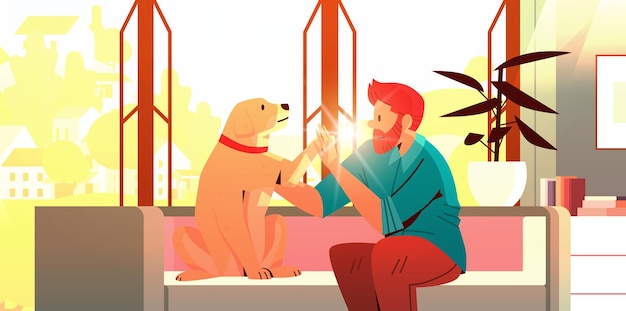 jeune homme passant du temps avec le propriétaire masculin du chien et l'amitié des animaux domestiques mignons avec concept animal de compagnie salon intérieur portrait horizontal illustration vectorielle