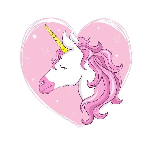 Joli personnage magique de licorne vectorielle avec une crinière rose entourée de poussière d'étoiles pour un t-shirt de carte autocollant et un design amusant pour enfants