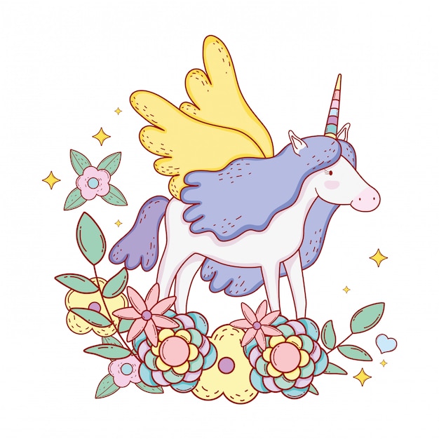 Vecteur jolie licorne de conte de fées avec décoration florale