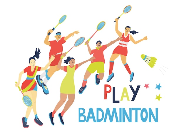 Vecteur jouez à l'affiche de badminton avec des joueurs