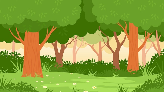 Jungle de forêt de dessin animé mignon avec des arbres et de l'herbe illustration vectorielle de style plat