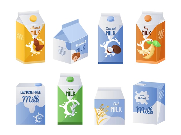 Vecteur lait biologique collection de boissons végétariennes pour le café et le thé remplacement laiteux végétalien récipients alimentaires en carton isolés produits liquides sans lactose ensemble de boissons saines vectorielles