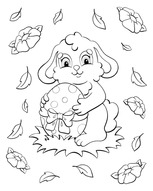 Un lapin mignon tient un oeuf de Pâques dans ses pattes Page de livre de coloriage pour les enfants Personnage de style dessin animé Illustration vectorielle isolée sur fond blanc