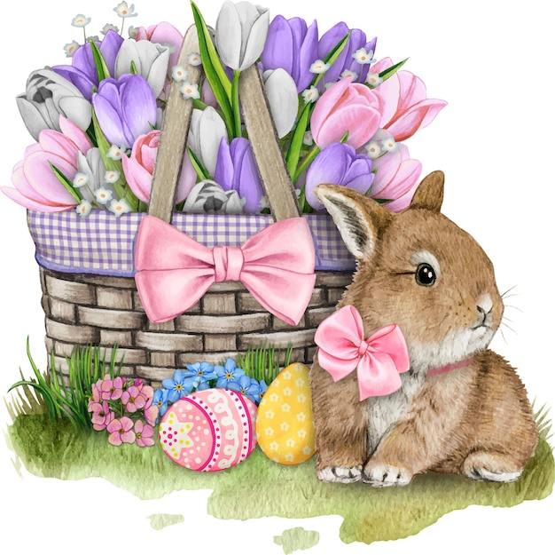 Lapin de pâques dessiné main aquarelle avec panier de tulipes