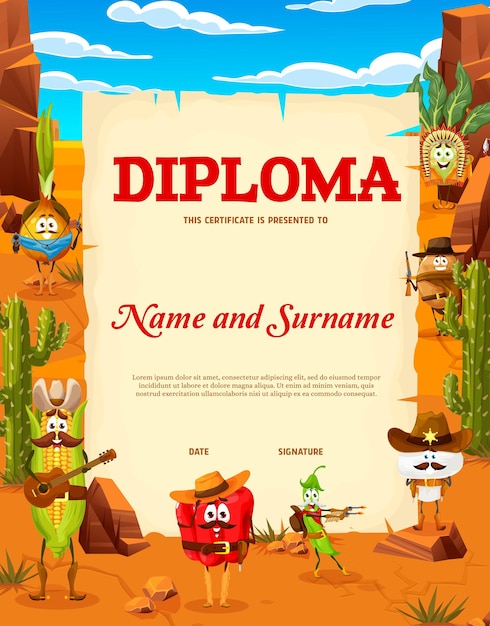 Légumes de shérif de cowboy de dessin animé de diplôme d'enfants