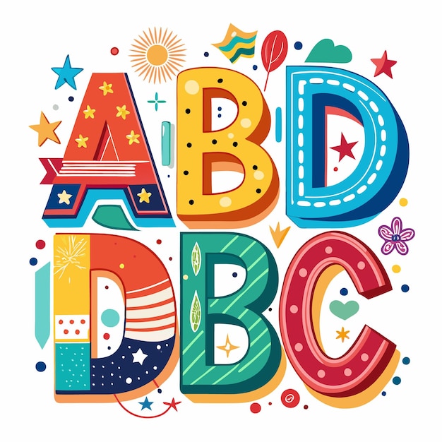 Vecteur les lettres de l'alphabet colorées a b c et d avec différents motifs et ornements isolés sur un fond blanc