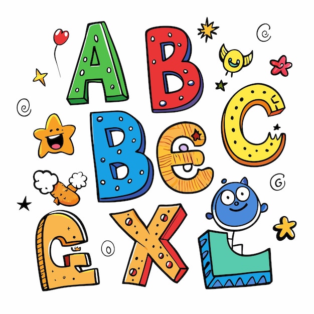 Vecteur lettres d'alphabet colorées dessinées à la main avec des éléments de dessins animés