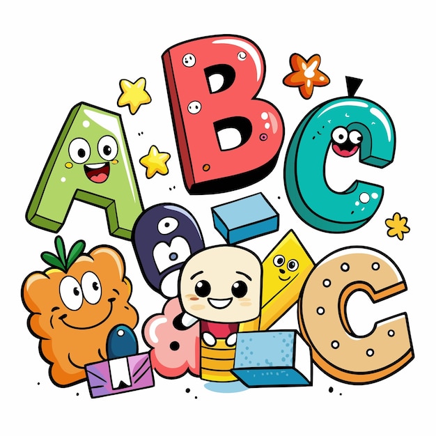 Vecteur des lettres d'alphabet de dessins animés mignons avec des formes amusantes et des dessins colorés pour l'éducation des enfants