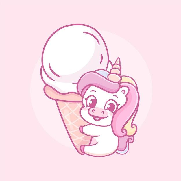 Licorne bébé kawaii mignon et gros dessin animé de crème glacée