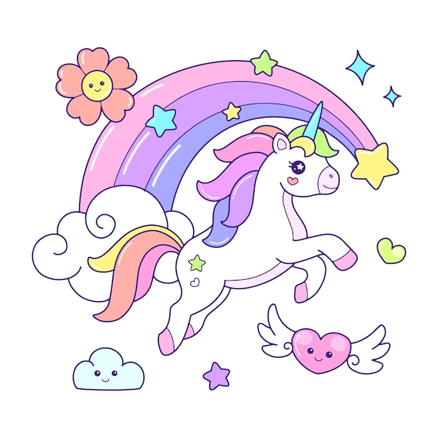 Licorne mignonne survolant l'illustration de l'arc-en-ciel