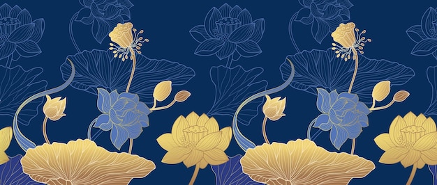 Ligne or floral fond Art plantes ornées fleurs asiatiques exotiques dorées modèle sans couture Luxe feuille et lotus bleu oriental élégant vecteur bannière de nos jours