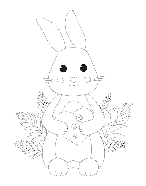 Vecteur livre de coloriage pour enfants et adultes un lapin mignon dans l'herbe tient le cœur photos pour impression à la maison