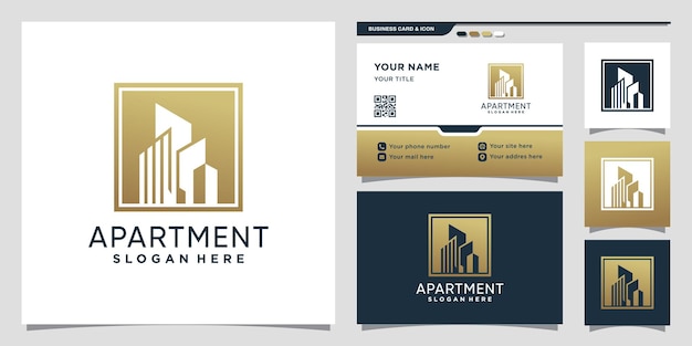 Logo d'appartement de construction avec concept d'espace négatif et conception de carte de visite Vecteur Premium