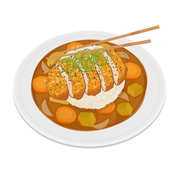 Vecteur logo d'illustration vectorielle clip art katsu curry avec des baguettes à manger