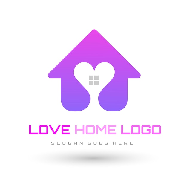 Vecteur logo de maison d'amour violet et rose avec un coeur et une maison