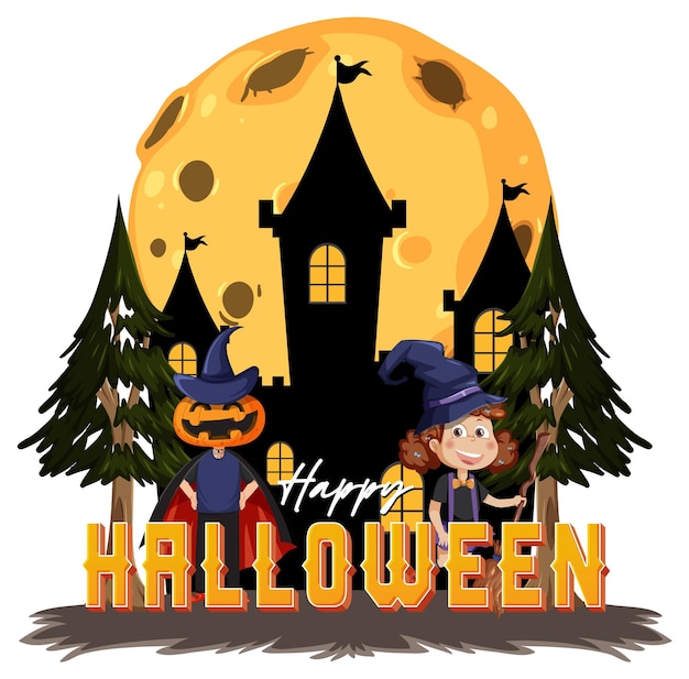 Logo de texte Happy Halloween avec personnage de dessin animé