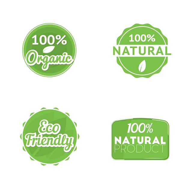 Vecteur lot de quatre écolabels: badge "100% bio", emblème "100% naturel" et panneau écologique. vecteur.