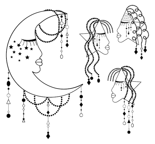 Lune avec visage et étoiles avec visages illustrations boho