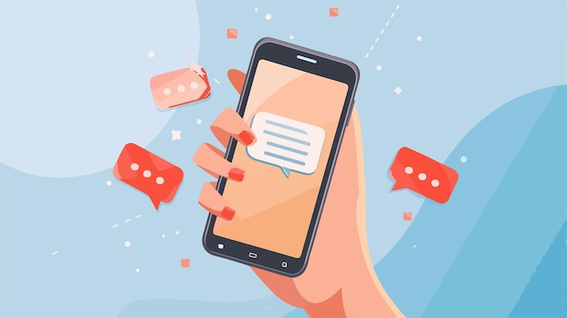 Vecteur une main tenant un téléphone intelligent avec les mots dessus