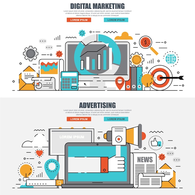 Marketing et publicité numérique de concept de ligne plate