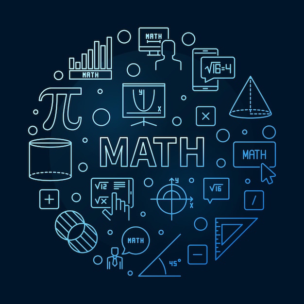 Vecteur mathématiques vecteur ligne mince bannière bleue circulaire mathématiques illustration ronde avec un fond sombre