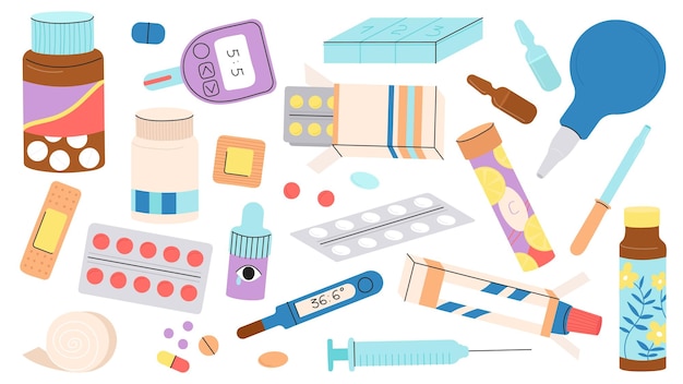 Vecteur médicaments et outils pharmaceutiques thermomètre médical pilules isolées et glucomètre médicaments de pharmacie d'hôpital ensemble pharmaceutique vectoriel décent d'illustration de pharmacie de médicaments