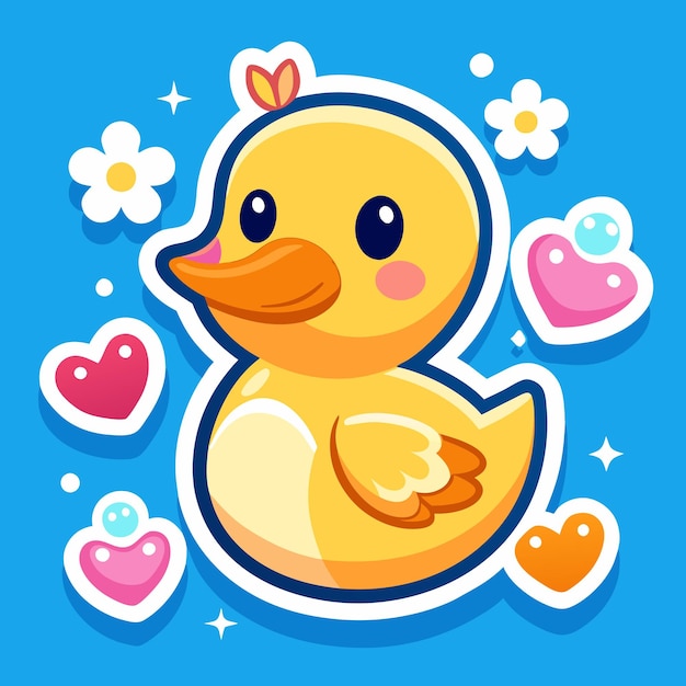 Vecteur un mignon canard jaune de dessin animé avec des cœurs et des fleurs sur un fond bleu