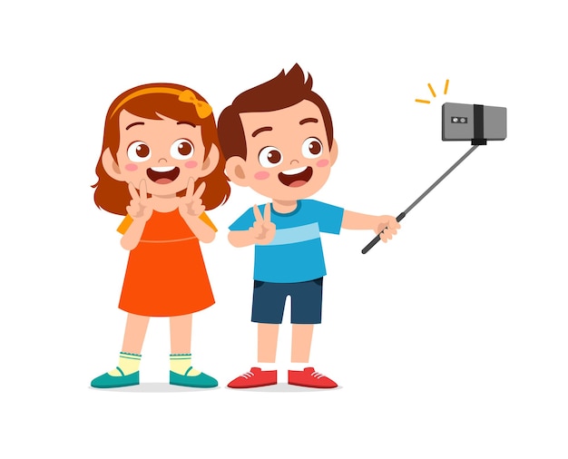 Mignon petit garçon et fille prennent selfie ensemble illustration