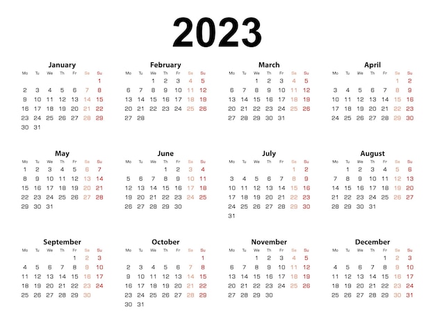 La mise en page du calendrier pour la semaine de l'année 2023 commence à partir du lundi Calendrier vectoriel simple en anglais