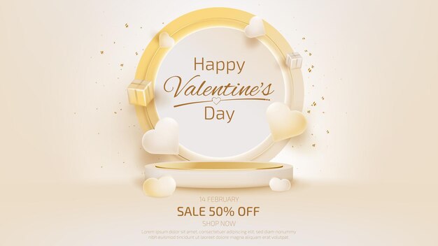 Vecteur modèle de bannière de vente saint valentin avec ornements en forme de coeur 3d et podium pour l'affichage du produit.