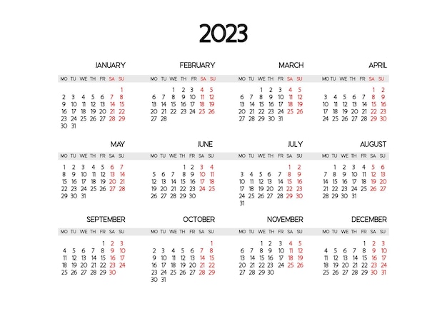 Modèle de calendrier pour l'année 2023 Le début de la semaine est lundi