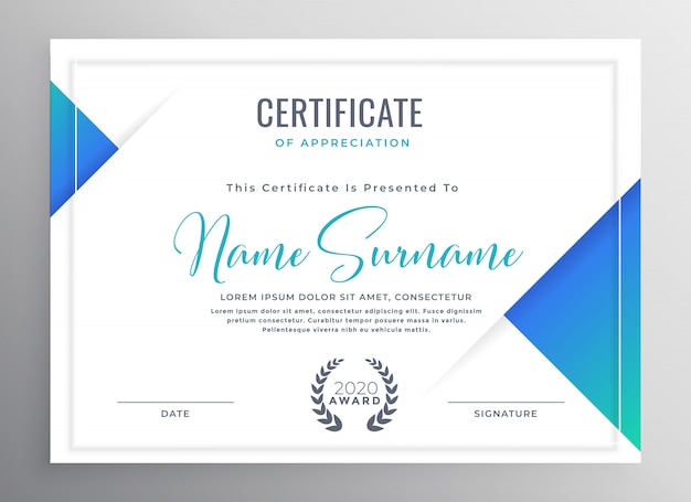 modèle de certificat de triangle bleu minimal