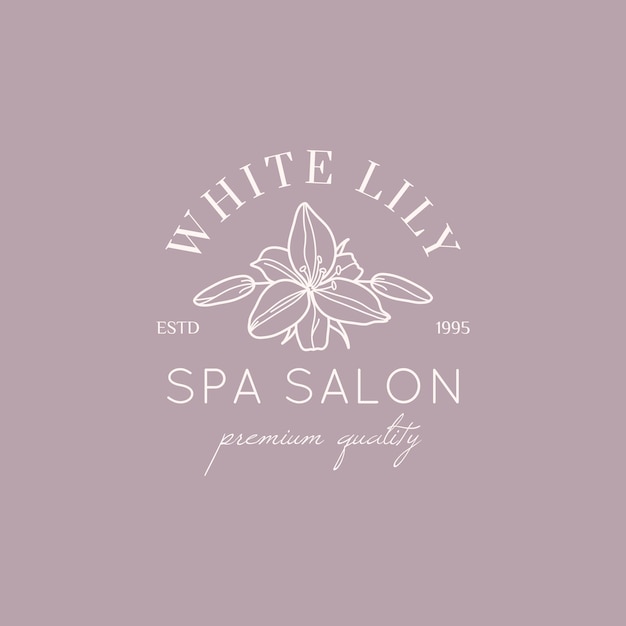 Modèle de conception de logo de fleur de lys blanc dans un style linéaire minimal simple. Emblème floral de vecteur et icône pour Beauty Studio, SPA