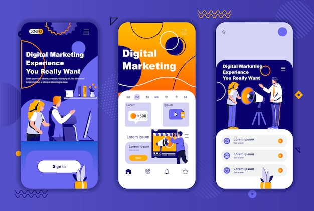 Modèle d'écrans d'application mobile de marketing numérique pour les histoires de réseaux sociaux