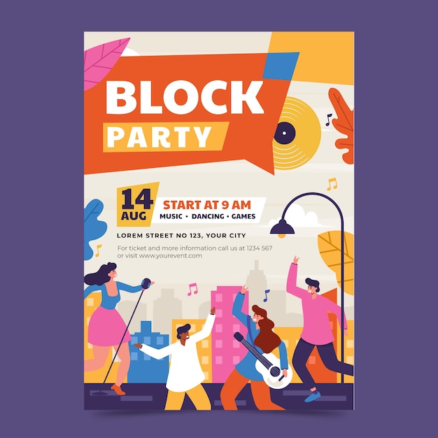 Modèle de flyer de fête de quartier dessiné à la main