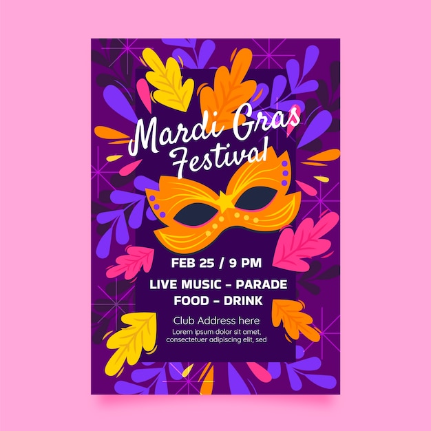 Modèle de flyer vertical plat mardi gras