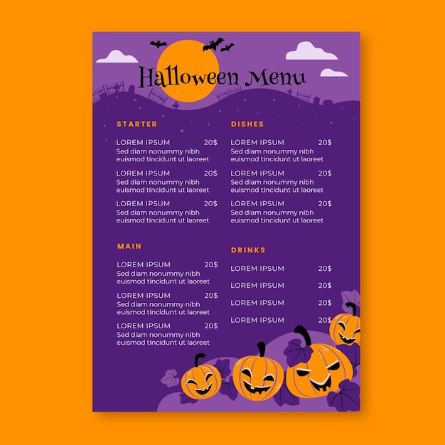 Modèle de menu halloween design plat